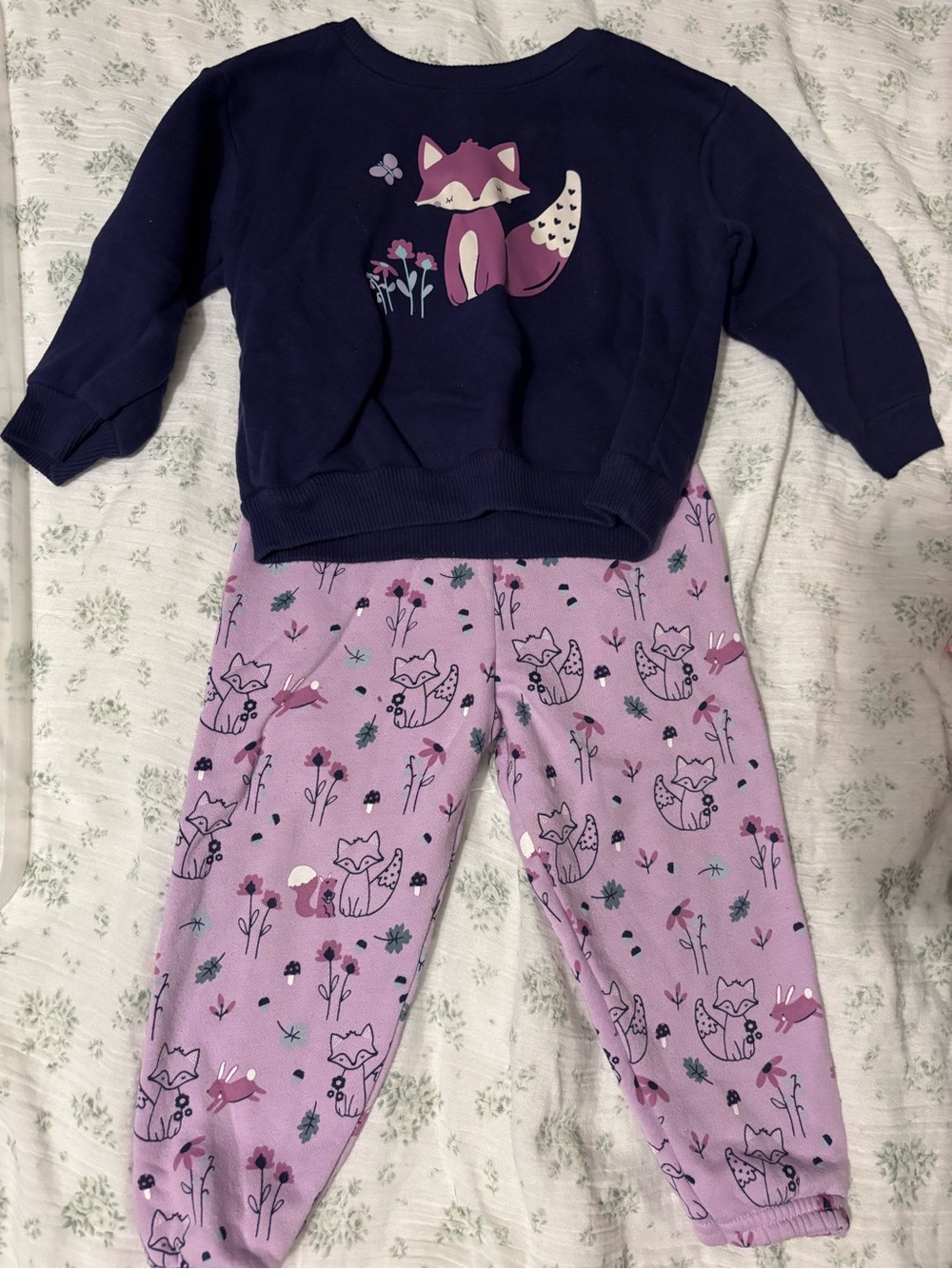 Girls' Purple Fox Print Two-Piece Set - Navy Top & Lavender Pants